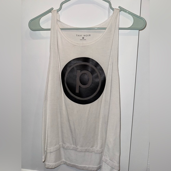 PURE BARRE white cropped tank with leather-y and mesh circle P - Picture 1 of 7